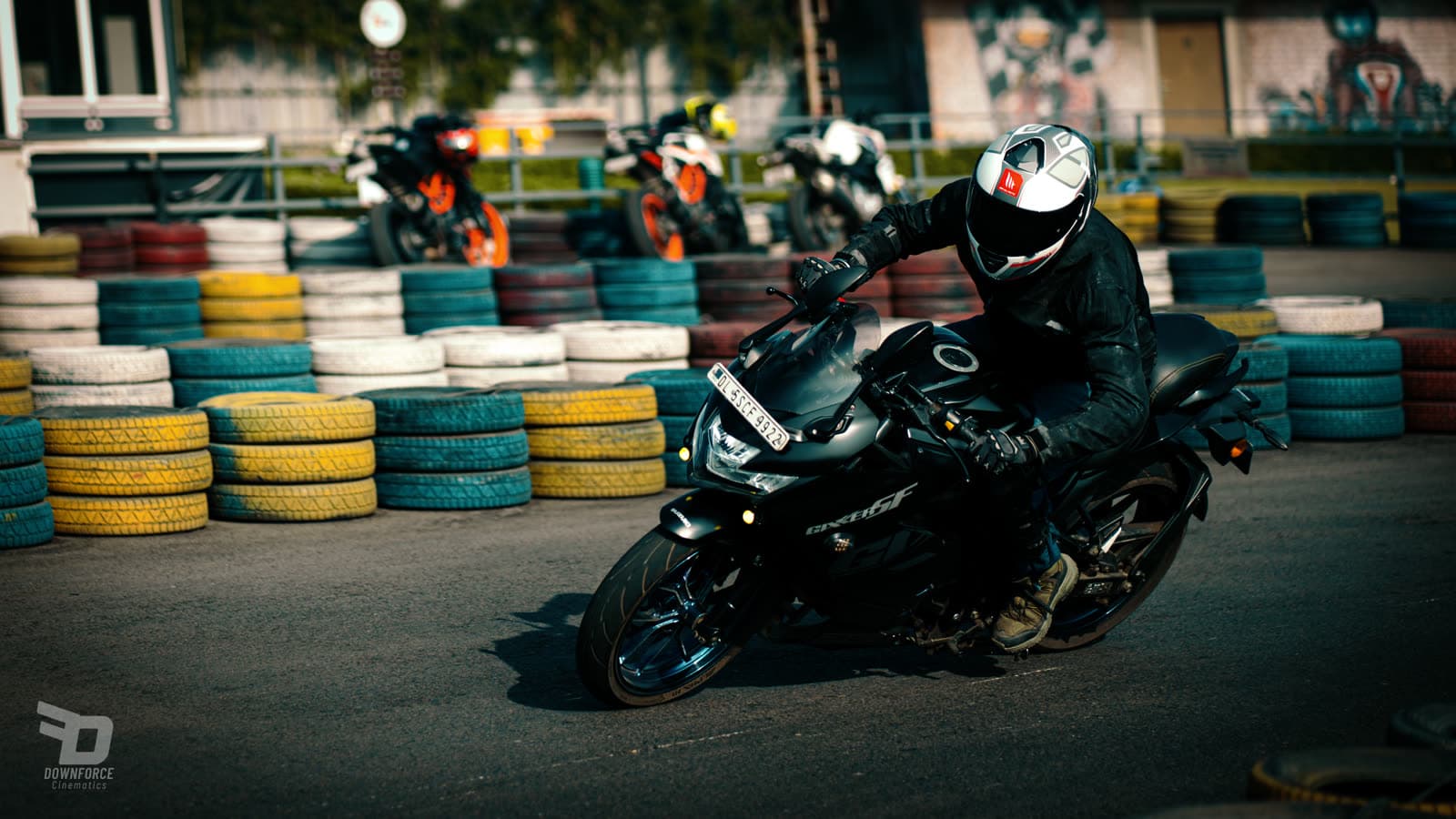 Dark rider cornering close-up